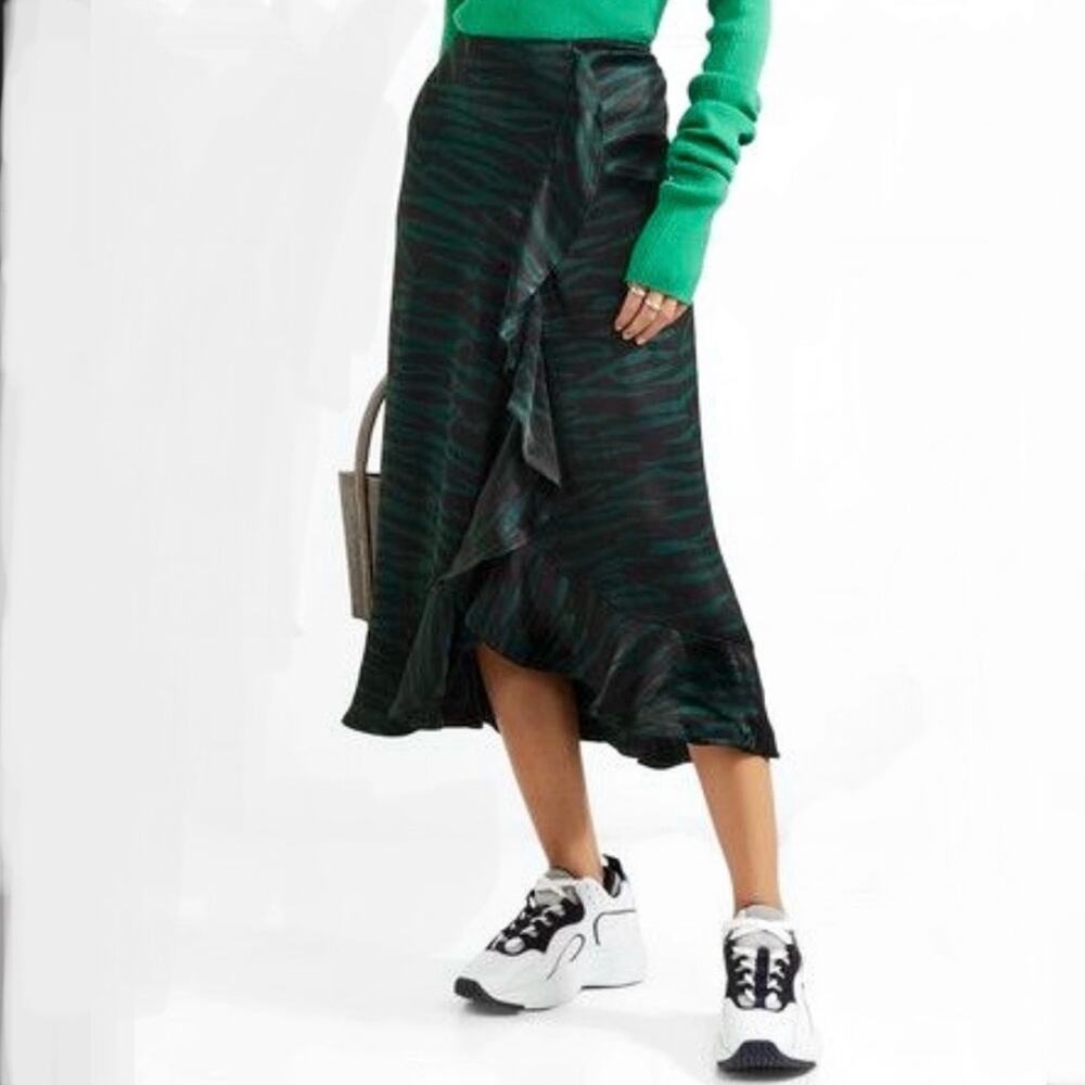 GANNI Cameron Green Tiger Print Satin Wrap Midi Skirt Size 38